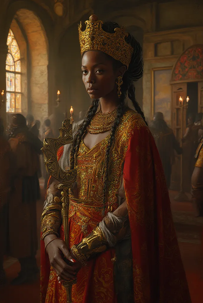 ((full body, noble posture, regal bearing)), ((medieval queen, African royalty, 15th century)), (((ultra-realistic oil painting style))), masterpiece, intricate detailing, (rich ebony skin, glowing undertones), (sharp facial features, piercing eyes: 1.2), ...