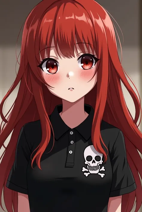 A red-haired girl with long hair and a small lock of hair on her face, red eyes, freckles with dark circles, pale skin in the cartoon style of the anime Death Note her black polo dress with a skull and a large polo shirt.