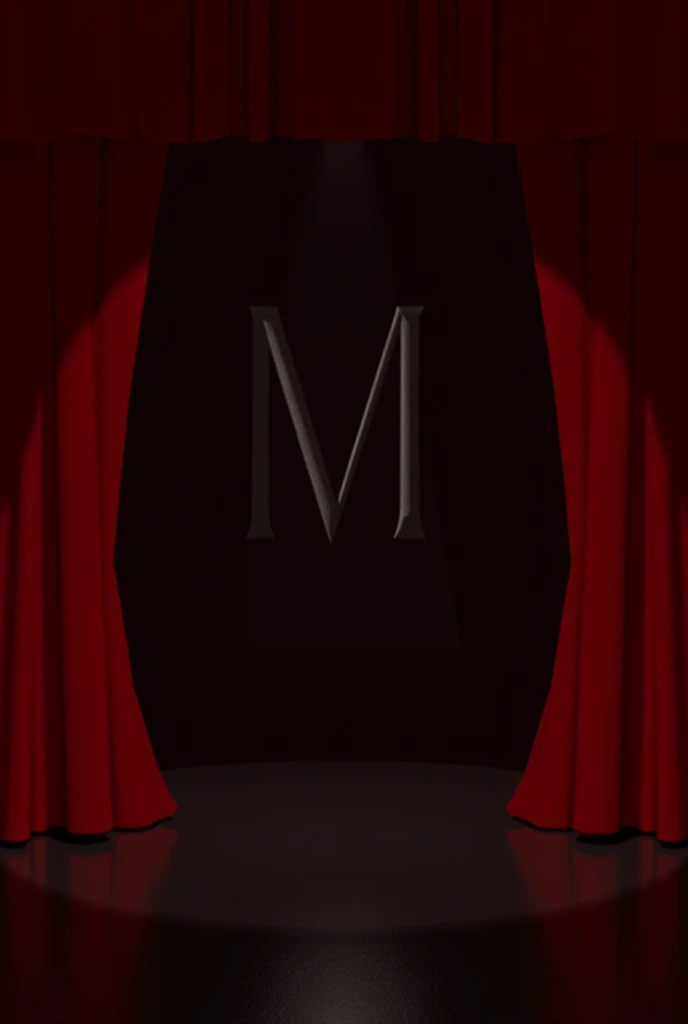 I am a graphic designer and I need an image of a stage with a black background and a red 3d curtain with the word M in capital letters in the middle of the stage and the word EL MAJARA WITH STONE EFFECT 