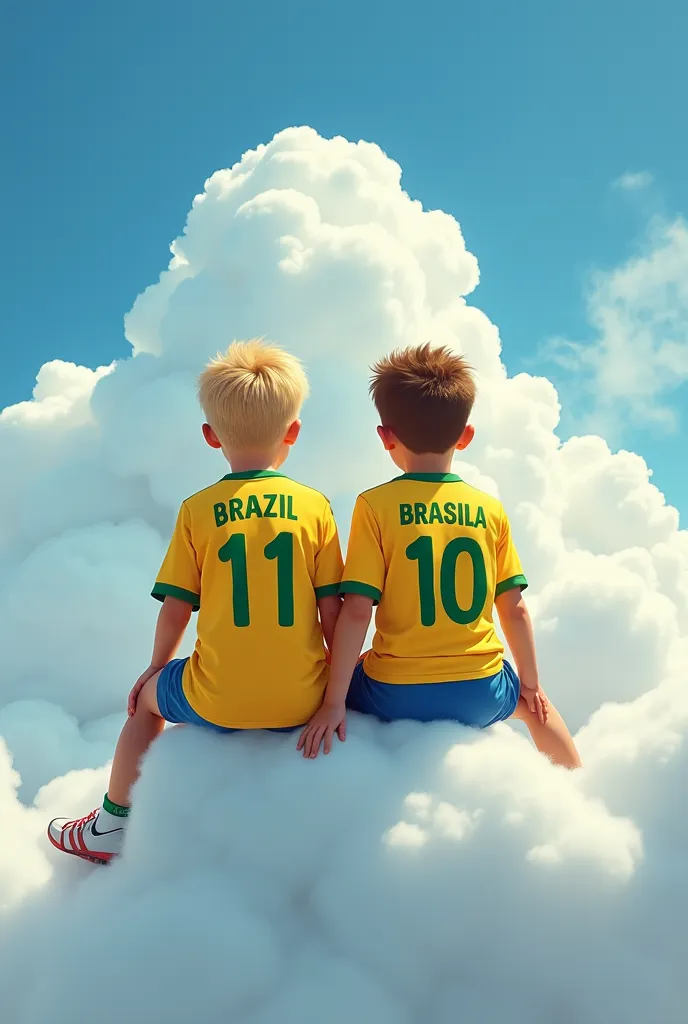 Two boys sitting on the back wearing the Brazilian jersey, one blond and one brunette, The blonde wearing the number 11 jersey from Brazil, the brown one wearing the number 10 jersey they were centered there in the sky in the cloud looking at the ground