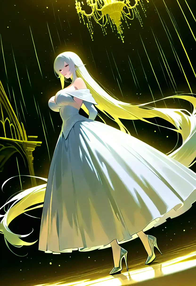 1girl, kiss-shot acerola-orion heart-under-blade, monogatari \(series\), red costume, off shoulder ball gown dress, stiletto heels, albino, smiling, absurdly long hair, porcelain skin, looking at viewer, dancing, full body shot, dynamic angle, In a glitter...