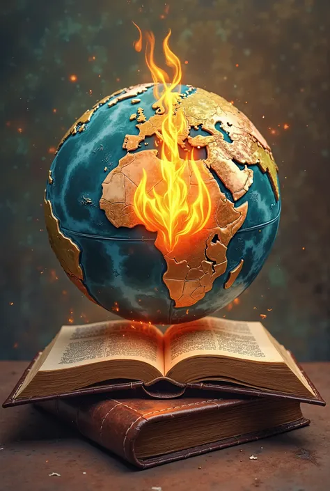 Logo with three flames inside a globe shaped like a world supported by a bible 