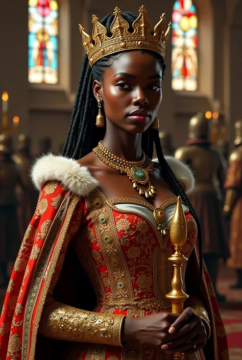 ((full body, noble posture, regal bearing)), ((medieval queen, African royalty, 15th century)), (((ultra-realistic oil painting style))), masterpiece, intricate detailing, (rich ebony skin, glowing undertones), (sharp facial features, piercing eyes: 1.2), ...