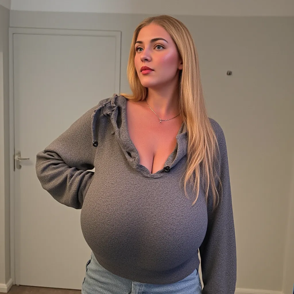 Extremely Photorealistic, HDR. Full body shot of a white woman who is 18 years old. Looks sweet and friendly. Cute, pretty, beautiful girl, " 5'8" in height, large breast(2:5), tight skinny jeans, thight sweatshirt 