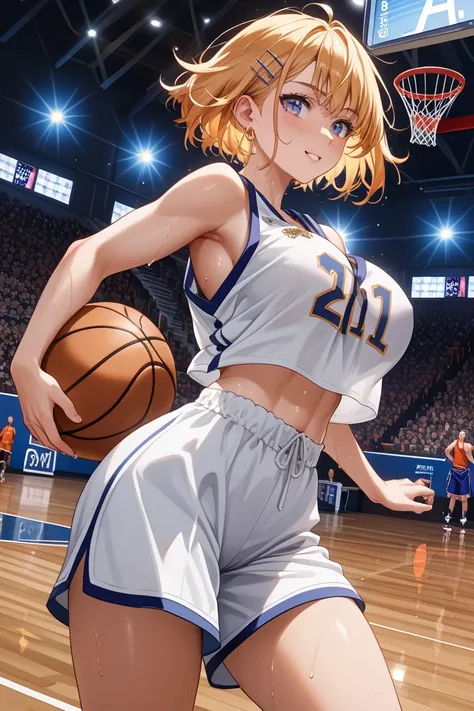 cute、Big Breasts、HD、short hair、 Gold、basketball、uniform、 dribble、 shot from behind、sweat、 Sports、run