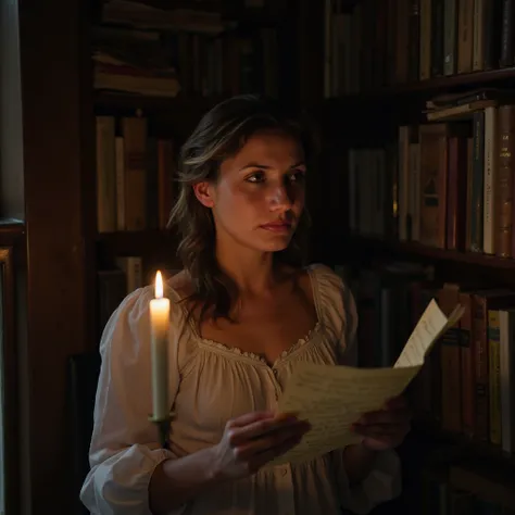 A full-body, high-resolution portrait of a woman tucked away in a secluded corner of an ancient library. Bathed in the soft glow of a flickering candle, her expression is a powerful blend of anguish and longing. As she reads a weathered letter, her eyes wi...