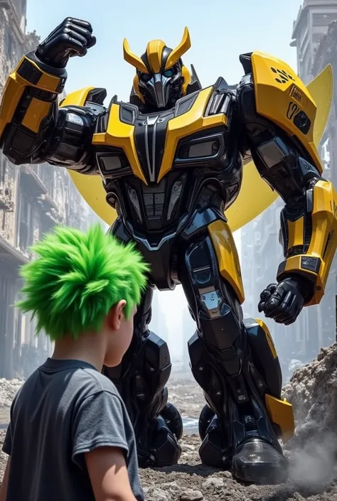 Create Bunbleebe from Transformers Prime banging a fist with a 15-year-old green-haired boy