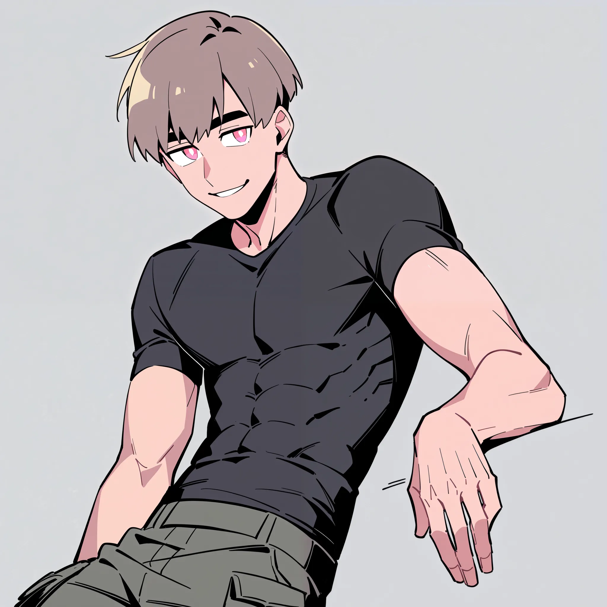 anime characters：1man, adult, skinny athletic male, male focus, black short sleeve outfit, black clothes, black boots, cargo pants, only, twink male, only, Upper body, alone, brown hair, Medium Shaggy Cut, thick eyebrows, pink pupils, Light Grey background...