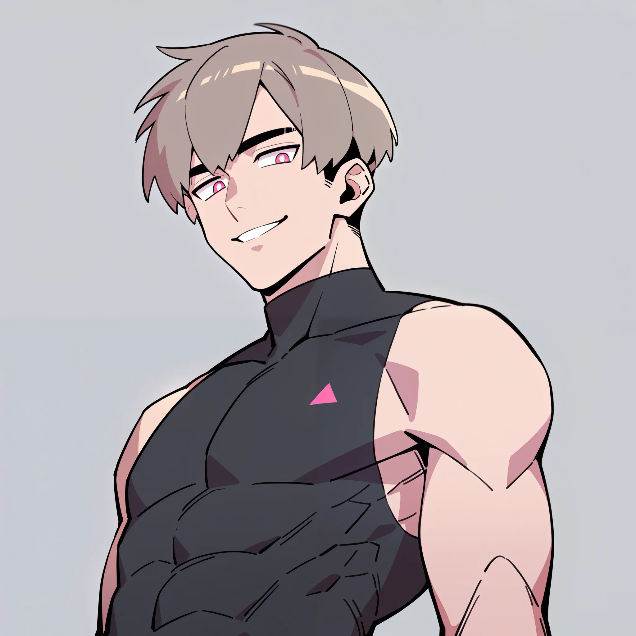 anime characters：1man, adult, skinny athletic male, male focus, black short sleeve outfit, black clothes, black boots, cargo pants, only, twink male, only, Upper body, alone, brown hair, Medium Shaggy Cut, thick eyebrows, pink pupils, Light Grey background...