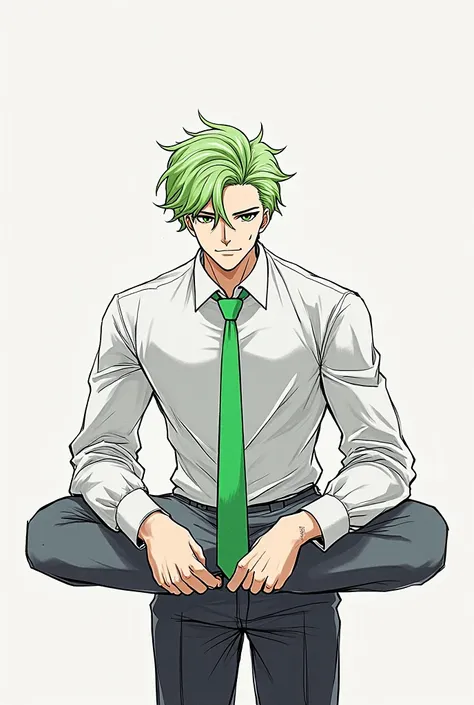 male, Office worker,  no background, Add an anime feel while making use of the idea sketch, To the color of cucumber, Eyes without radiance, Facing the front in a standing position, white shirt and suit pants