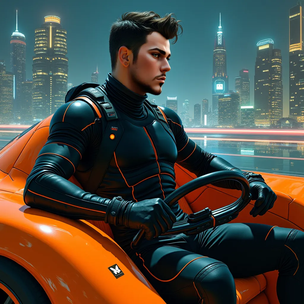 Muscular male defiant sci fi player, futuristic night city background, driving futuristic sci fi sport car, retro-fütürist giyen, wearing tight spandex sports uniform in black and orange, scifi, fantasy, donnato Giancola tarafından sanat eseri, Greg Rutkow...