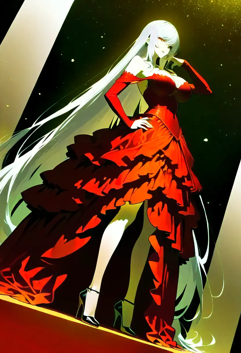 1girl, kiss-shot acerola-orion heart-under-blade, monogatari \(series\), red costume, off shoulder ball gown dress, stiletto heels, albino, smiling, absurdly long hair, porcelain skin, looking at viewer, dancing, full body shot, dynamic angle, In a glitter...