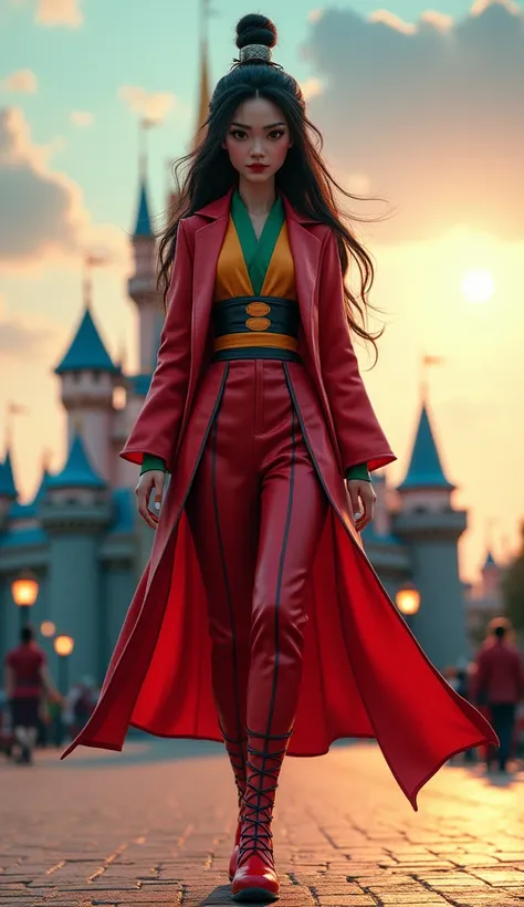 Mulan hybrid fusion with Joker, walking, using clothes and red shoes joker's,, front view, Disney Pixar style, big eyes, intricate details, cinematic rendering, art by Eli Roth, Disney castle in the background, beautiful sunny day, blue sky, , glow and coz...