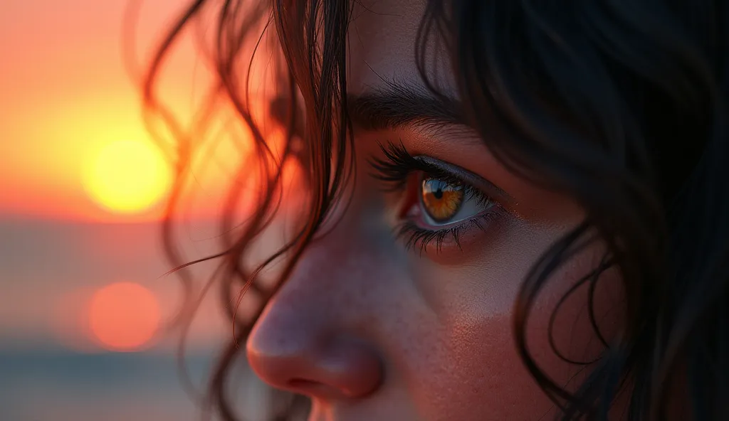 An eye of Adrián with wavy hair and in the back there is a sunset. 