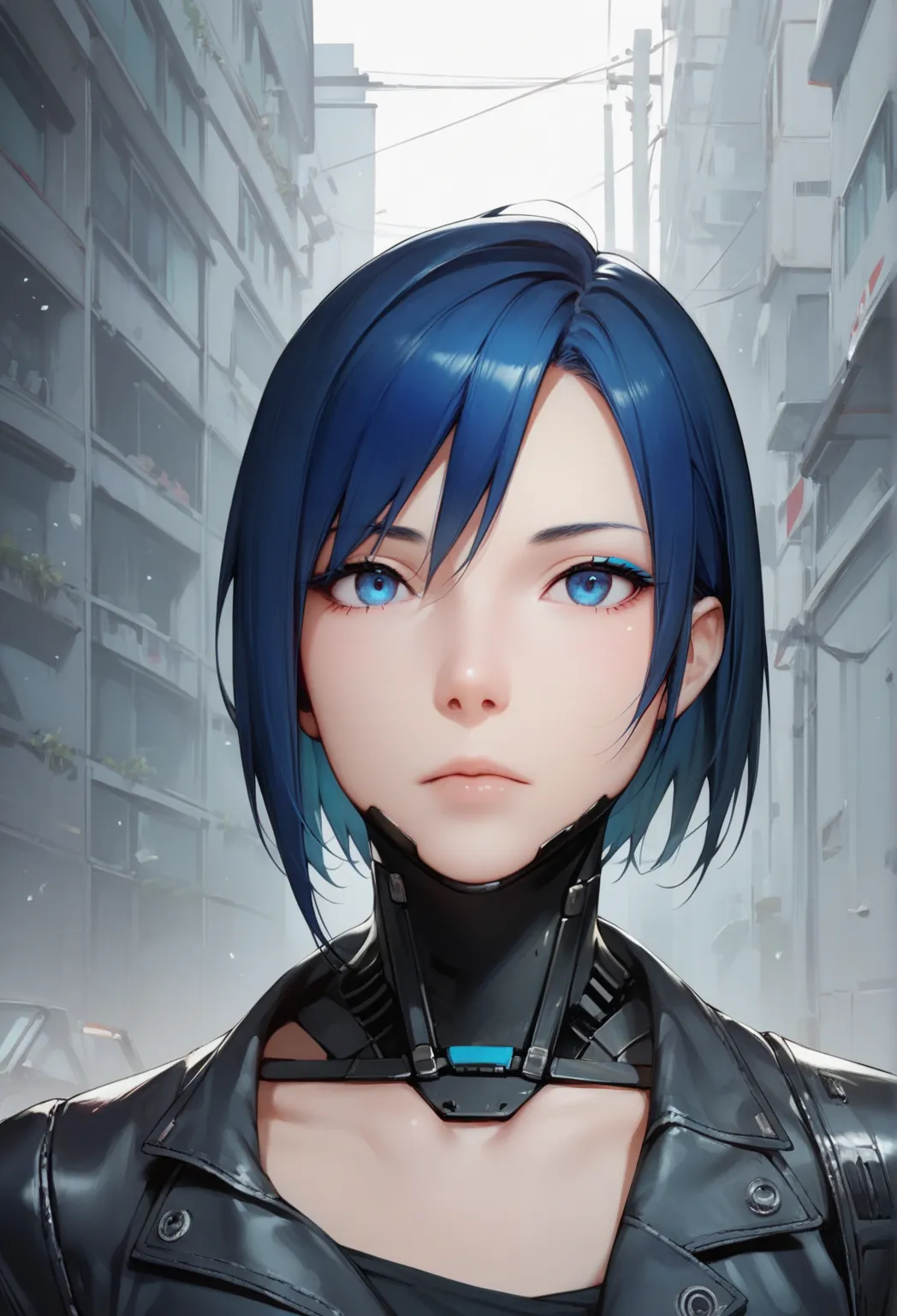 One woman, mature, anime, female anime character, elsterXL, dark blue eyes, blue eyeliner, expressionless, black short hair, sharp face, small chest, black slim mechanical body frame, a loose jacket, a black fastened scarf, mechanical neck, robotic, detail...