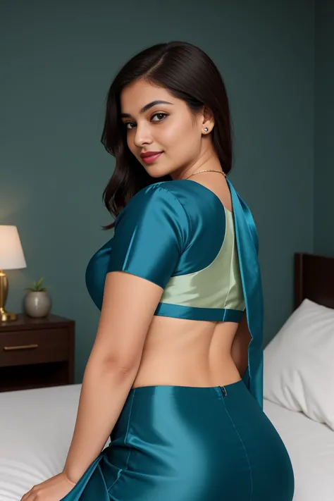 /imagine prompt: 34-year-old lady with chubby cheeks wearing a blouse and saree in a bedroom, she is in a blue silk saree with a matching blouse, the bedroom is modern with minimalist decor and soft, diffused lighting, the mood is calm and serene, emphasiz...