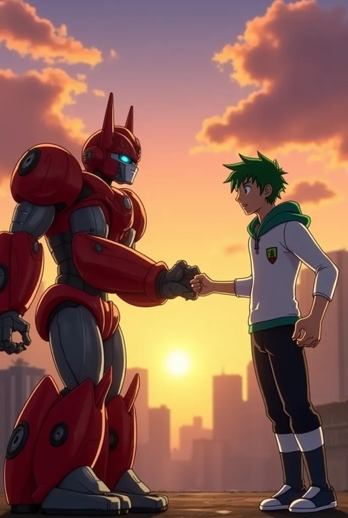 Create Bunbleebe from Transformers Prime banging a fist with a 15-year-old green-haired young man, both are on the outskirts of a city, With the sunset in the background, both characters have their fist extended to each other