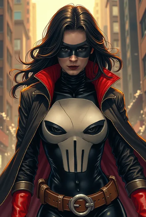  a white woman, Superheroine with a Robin mask, with a classic Punisher costume from comics without the skull, a folded sleeve jacket, Classic HQ art style similar to the protagonist of Hell's Night