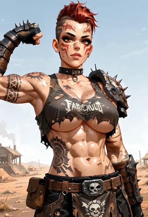 ((( whole body ))), master part, best quality , super detail beautiful woman, Tank Girl com cara de maluca, whole body, redhead Asymmetric Undercut Haircut hair, punk girl, post-apocalyptic world, torn and dirty clothes , Asymmetric Undercut Haircut, sides...