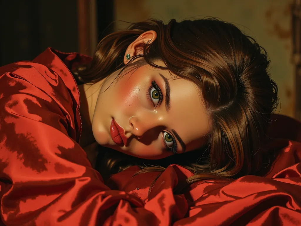 ((top quality)), ((masterpiece)), (perfect details),  (A mature girl ,  very sexy,  very shiny skin , The entire body is designed by lying on its side,   perfect body, Naked and wrapped in red silk) golden brown hair , green eyes and tan skin without blemi...