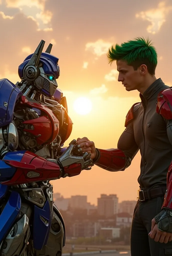 Create Bunbleebe from Transformers Prime banging a fist with a 15-year-old green-haired young man, both are on the outskirts of a city, With the sunset in the background, both characters have their fist extended to each other