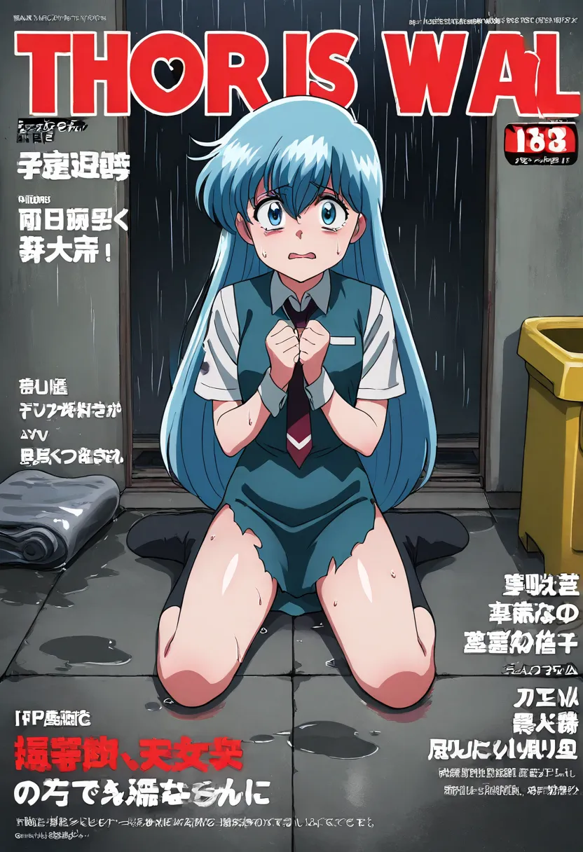   magazine cover (  masterpiece,   high quality :1.2),, Cheonjo-in Katsura，Blue Hair，Full body injury，Prisoners of War，Scared（（（ Eyes are fragile））） Wet（（ torn clothes,））There is a scary shadow in front of the girl, There is a ghost on the wall, ， wet floo...