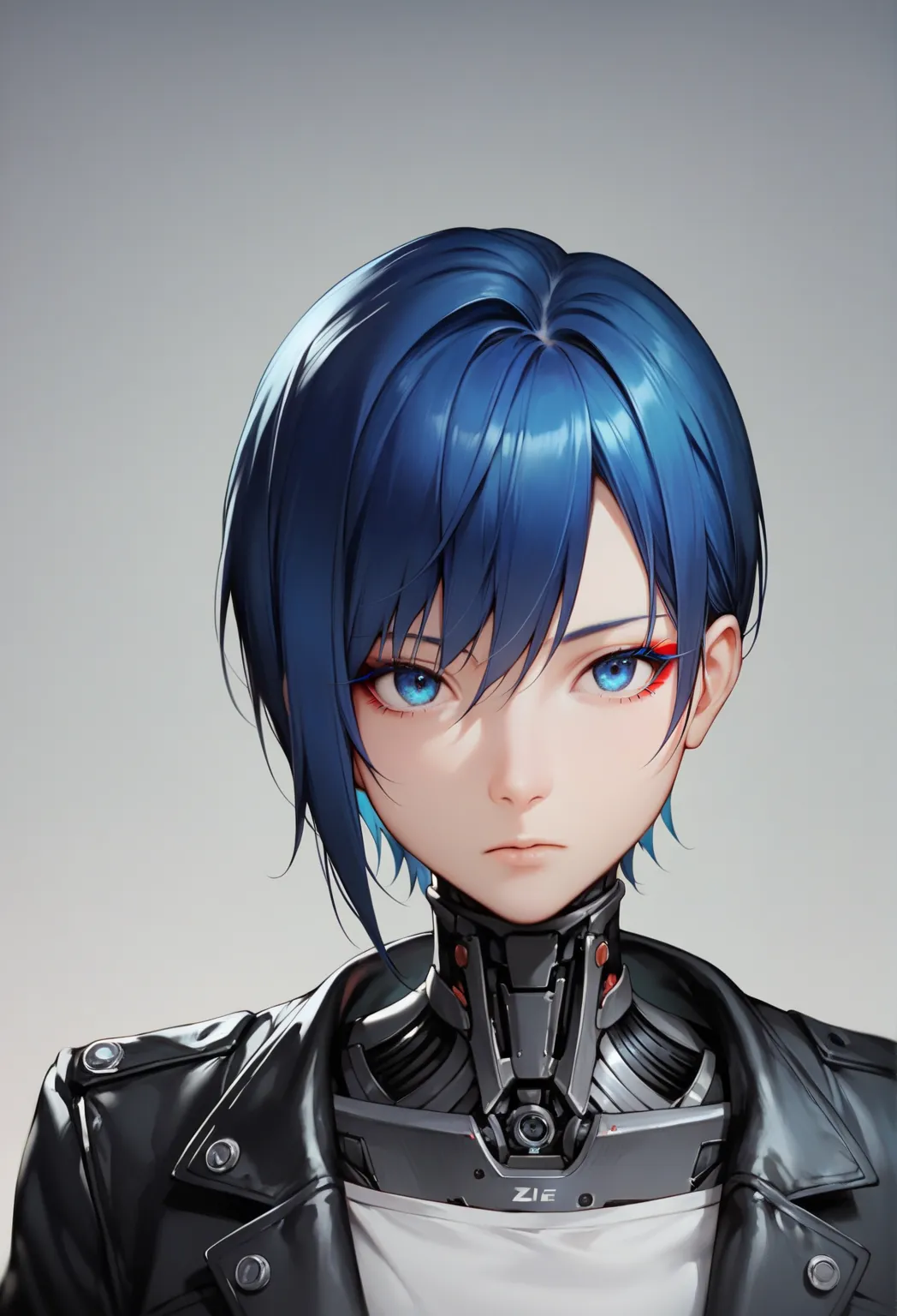 One woman, mature, anime, female anime character, elsterXL, dark blue eyes, blue eyeliner, expressionless, black short hair, sharp face, small chest, black slim mechanical body frame, a loose jacket, a black fastened scarf, mechanical neck, robotic, detail...