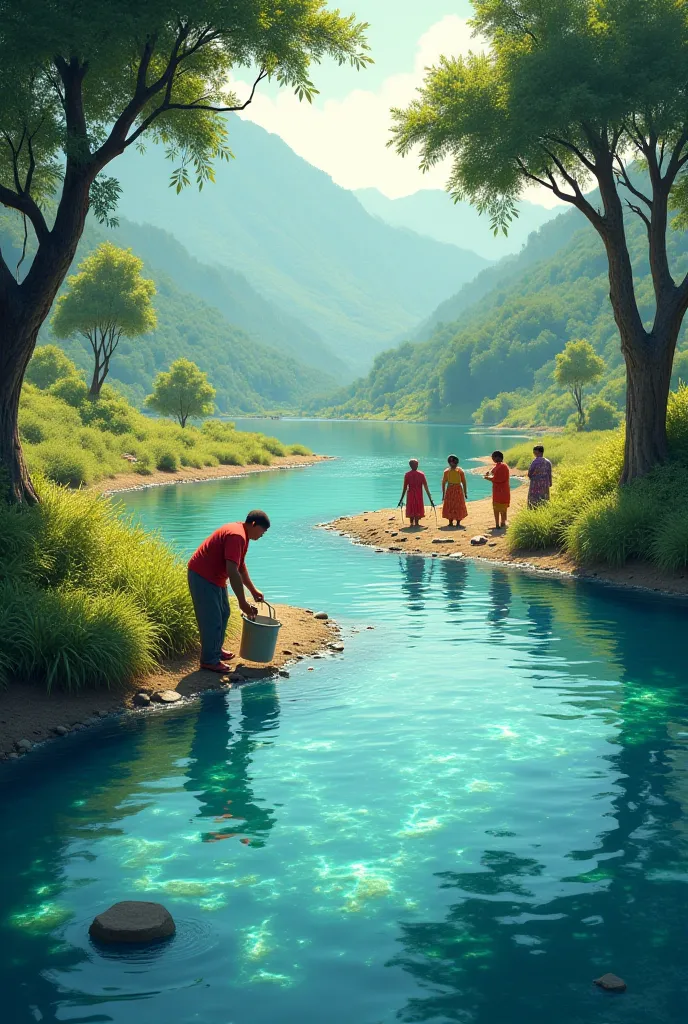 )
➡️ A sparkling river with a person filling a bucket with water or women washing clothes.