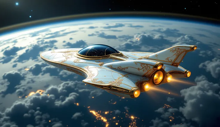 Spaceship made entirely of porcelain and gold traveling above the Earth's orbit where you can see planet Earth with many clouds and many yellow lights and you can see the atmospheric layer