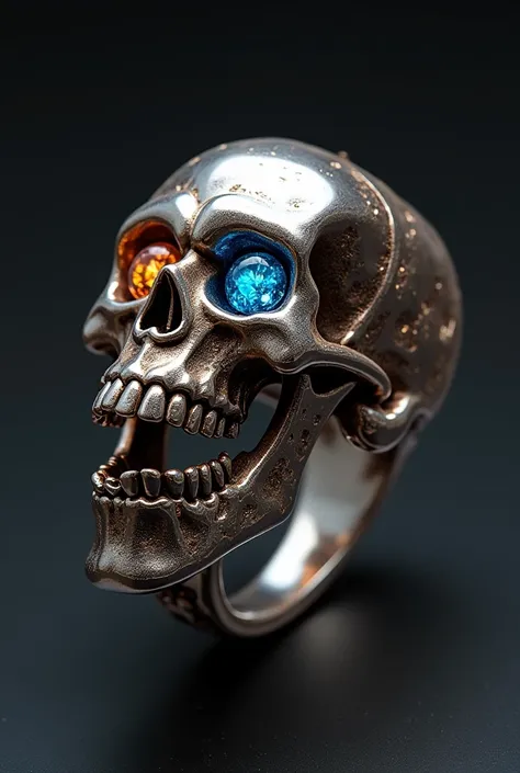 college ring, skull design silver, eyesocket gemstones, missing tooth in gold