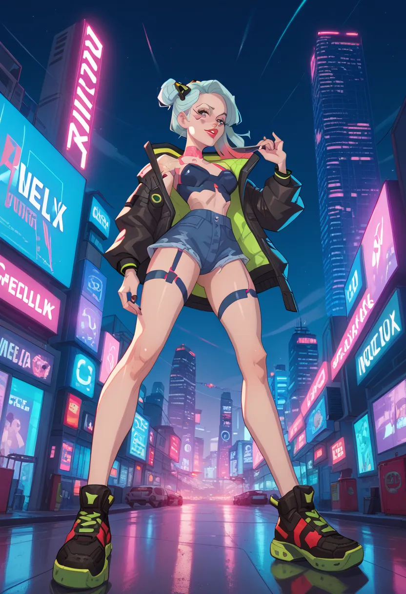 beauty girl from cyberpunk netflix animation, fullbody, perspective, light and neon