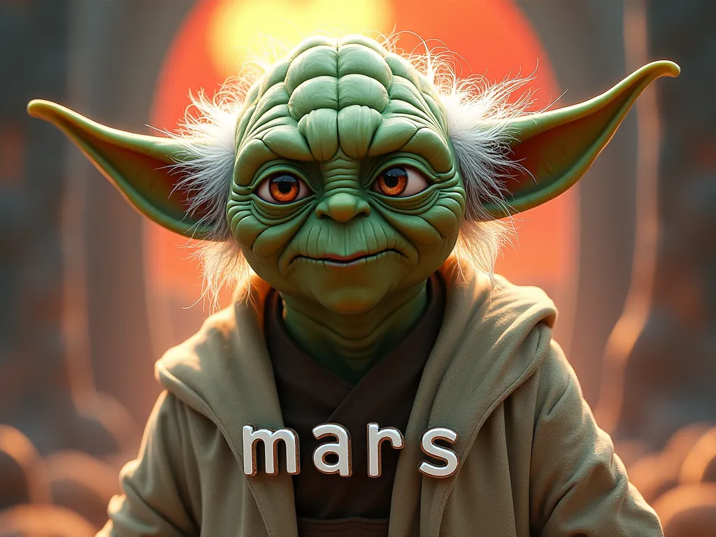 une affiche extrêmement détaillée de YODA avec une écriture lettre par lettre du prénom "mars" en français. dans un style Disney 4D. L'ÉCRITURE DOIT ÊTRE BIEN VISIBLE. 
Thème YODA 