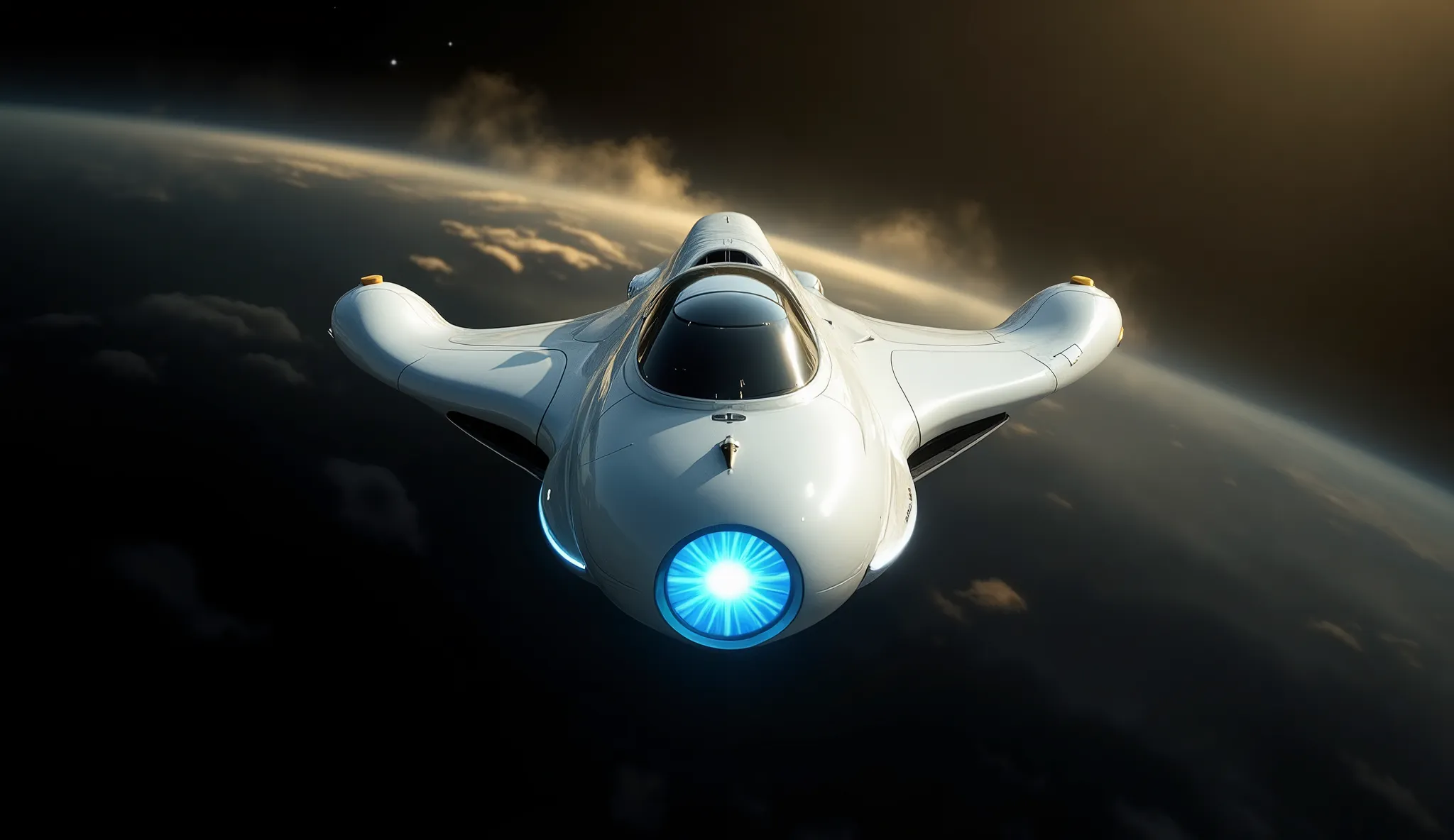 Create a visually stunning image of a futuristic spacecraft, inspired by Douglas Adams' 'The Hitchhiker's Guide to the Galaxy.' The spacecraft, named the Heart of Gold, should appear sleek, modern, and predominantly white, with a glowing blue light emanati...