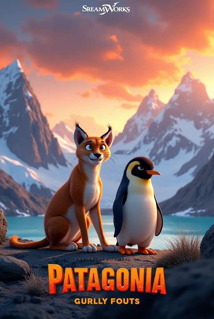 A stunning DreamWorks-style animated movie poster featuring a fearless puma and a quirky penguin, set in the wild landscapes of Patagonia. The puma is sleek and agile, with expressive eyes full of determination and a mischievous grin. The penguin is small ...