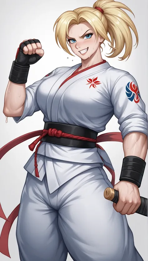 kendo clothes, martial arts,dougi, black belt, Sensual, Sweat, big boobs smile,  hair over the eye , blonde,  blue eyes