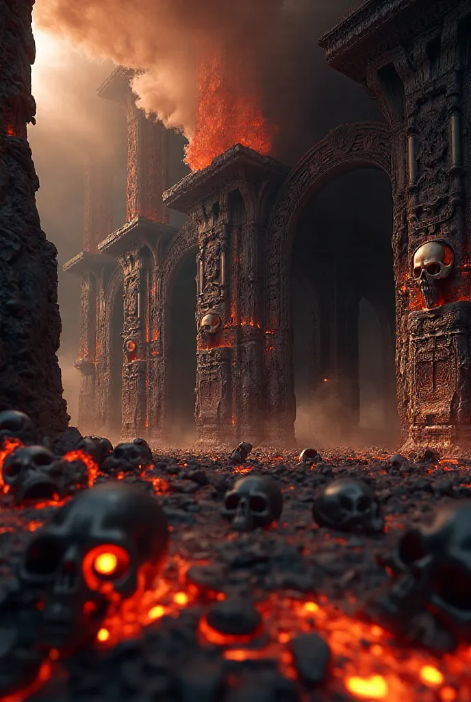 A realm of condemnation and vengeance, where the fire never goes out and cursed souls writhe in eternity. This oppressive, hellish landscape stretches in all directions, surrounded by gigantic columns made of fused skulls and bones, rising from a sea of ​​...