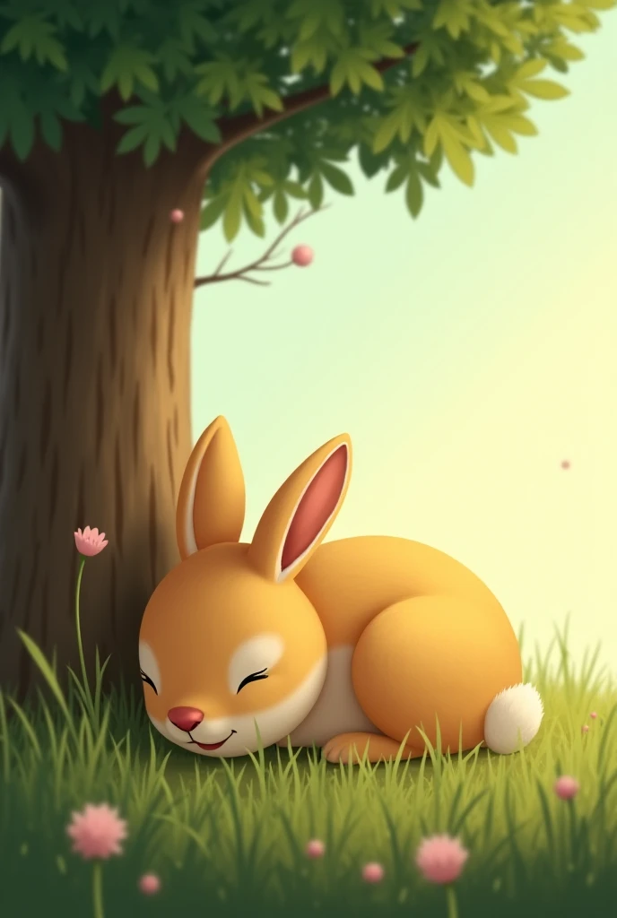 Yellow rabbit sleeping near a tree