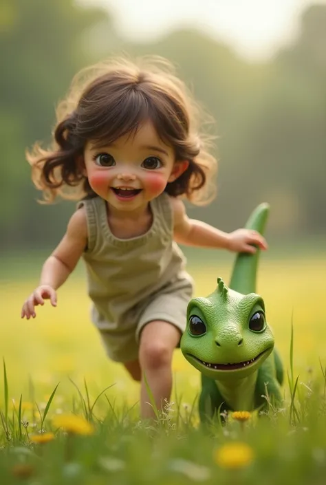 A young  (), with rosy cheeks and bright eyes, wearing simple cotton clothing, runs through the meadow, laughing. A small, bright green dinosaur (1 foot long), with large, friendly eyes, playfully chases after her. Focus on realistic movements of both the ...