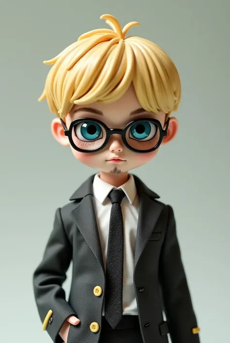 Anime-style boy doll with shaved hair in the color blond,  blue eyes, Skinned beard and mustache wearing movie director's clothing with mirrored glasses