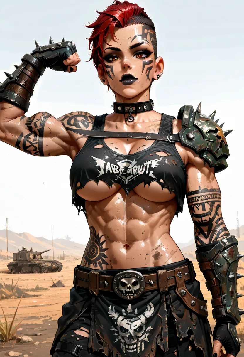 ((( whole body ))), master part, best quality , super detail beautiful woman, Tank Girl com cara de maluca, whole body, redhead Asymmetric Undercut Haircut hair, punk girl, post-apocalyptic world, torn and dirty clothes , Asymmetric Undercut Haircut, sides...