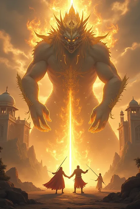 Mughal anime art style of Desi giant monsters. Glowing powers. Golden and silver colour with cooper too. Two warrior couples with glowing golden and silver blade fight with them