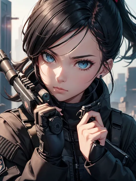 a woman, Future members of the female SWAT team ,( take a gun and aim here :1.6),( Close-up of the gun barrel :1.6),Very tight black tactical jumpsuit,Tactical headset , tactical case ,Tactical gloves,BREAK(serious),ponytail,black hair, Beautiful face, bea...