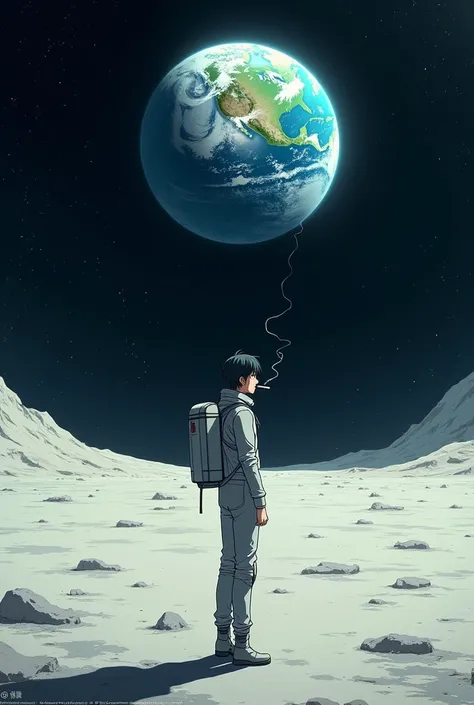 Make an anime-style image of a young man with his back smoking watching the Earth from the Moon