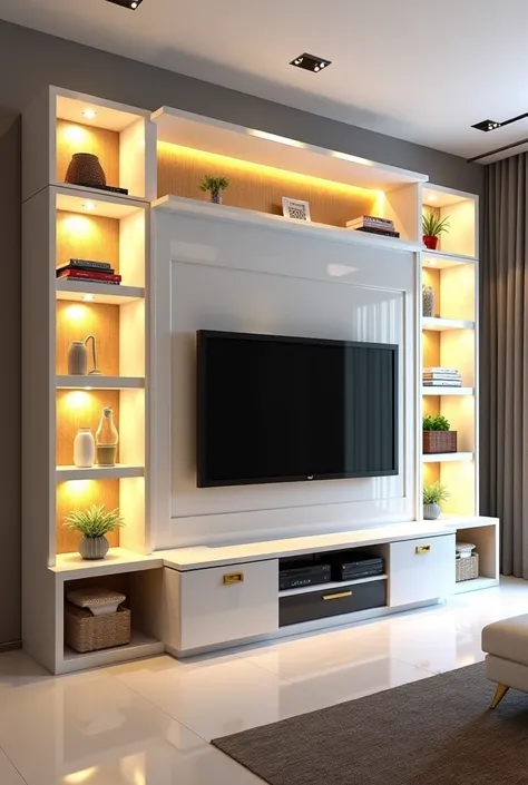 Create a stylish 44 inches tv unit with 7½feet length ,1½ feet width & 8 Feet length with open cupboards,flute panels show case with spot lights for black tile flooring hall. Total tv units should be luxury premium mixed bright and attractive with back lig...