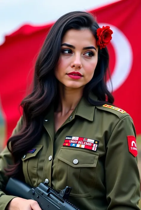 A young woman with her long black hair hanging down from her shoulder in waves, She is wearing a Turkish military uniform . The name card with the name written on it is proudly displayed on the top of her uniform , "UMAY BELEMİR " the written name card tak...