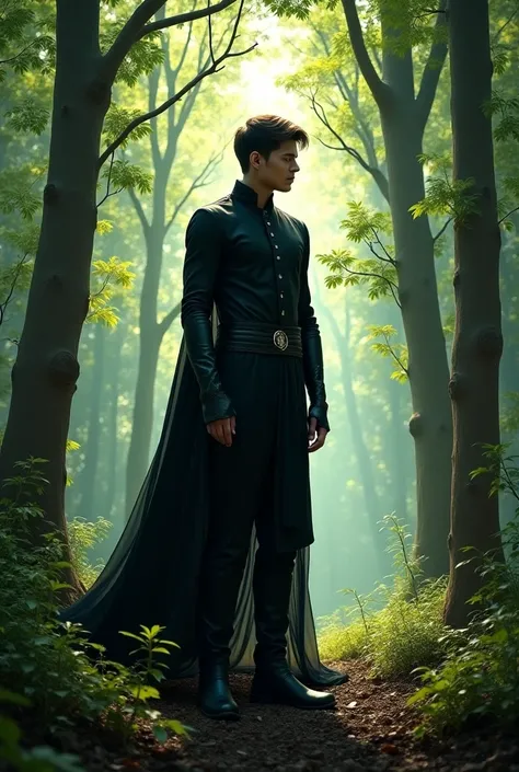 Image of tall boy dressed in black in the middle of the forest 