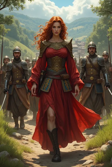 create an image of an empress with loose curly red hair with brown eyes leading a troop of soldiers to the village