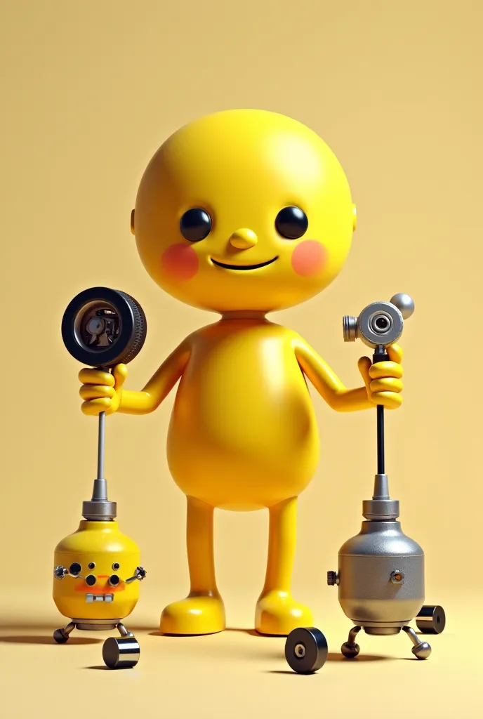 A yellow doll holding a tire and a transmission kit 