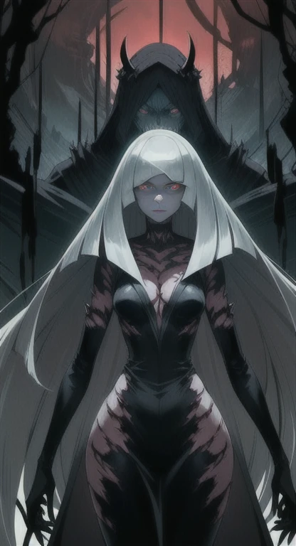 Overgrown hell life, demon lord, Lusamine, cracked skin, grey skin, black veins, black blood, red eyes,