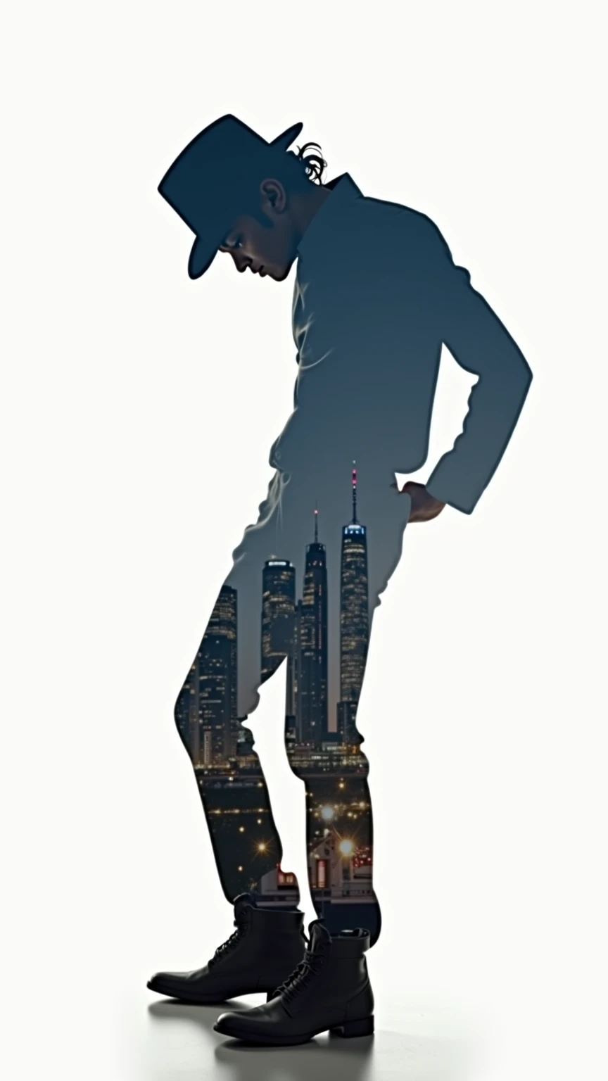 A surreal digital double exposure artwork featuring Michael Jackson in an iconic pose. He is leaning forward, his head bowed slightly and subtly turned. He wears a stylish fedora hat, which he holds with one hand in a graceful motion, while his other hand ...